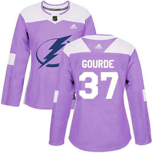 Adidas Tampa Bay Lightning 37 Yanni Gourde Purple Authentic Fights Cancer Women Stitched NHL Jersey